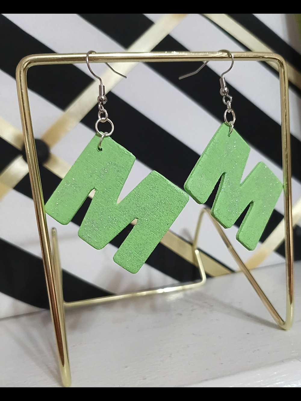 Hand painted Green 'M' Letter Dangle Earrings